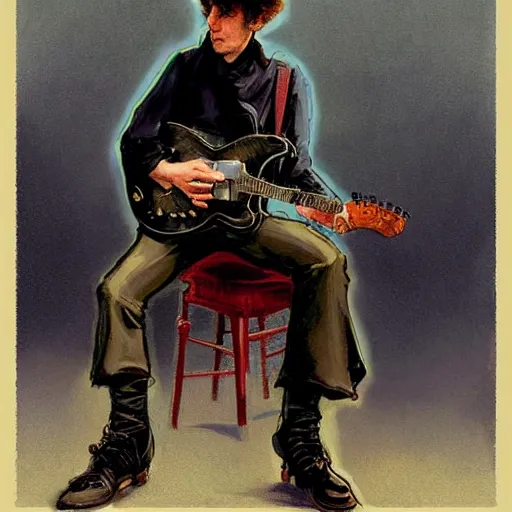 Prompt: character portrait of bob dylan riding his motor cycle and playing his guitar in the fulham football club stadium, gothic, john singer sargent, muted colors, moody colors, illustration, digital illustration, amazing values, art by j. c. leyendecker, joseph christian leyendecker, william - adolphe bouguerea, graphic style, dramatic lighting, gothic lighting