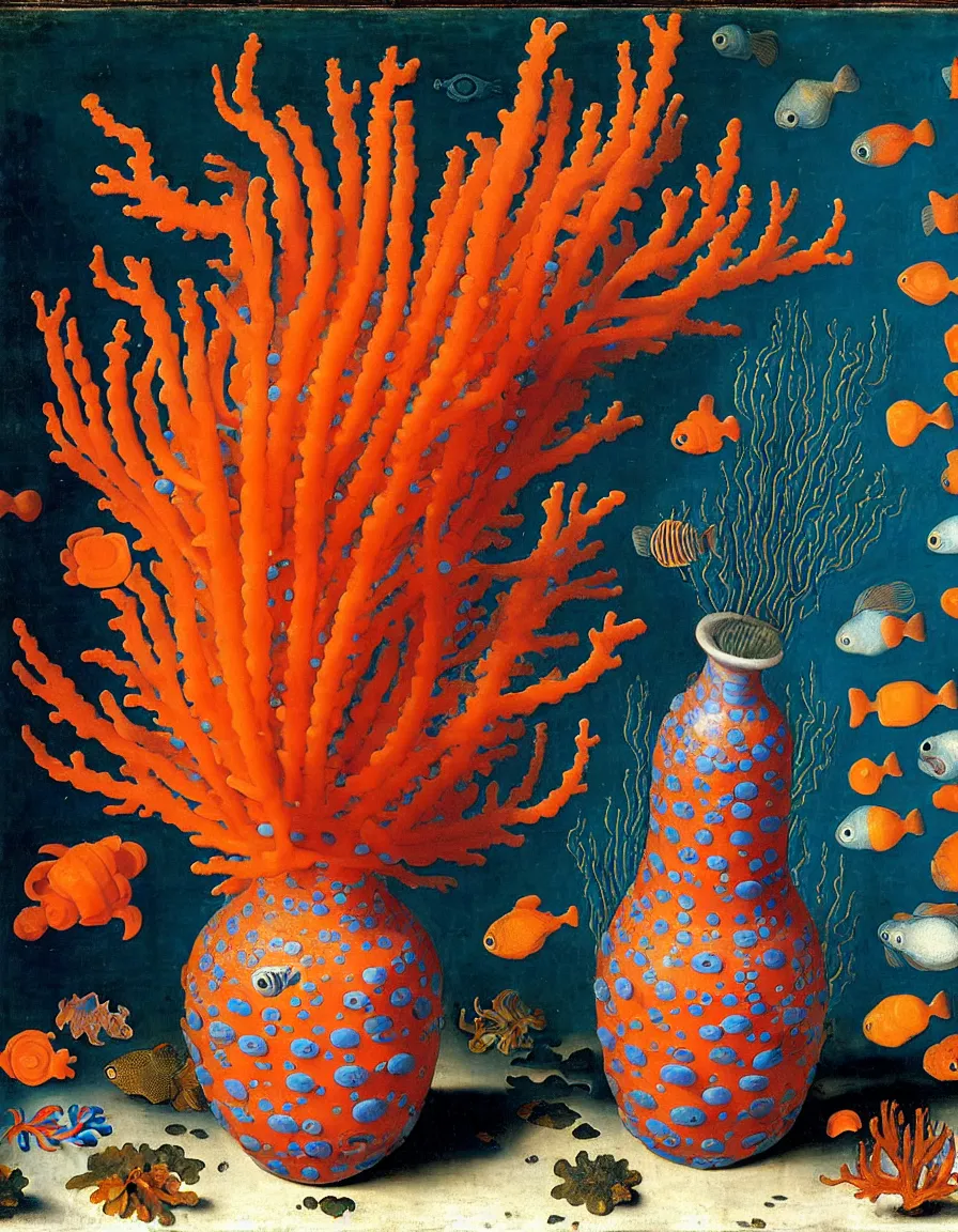 Image similar to bottle vase of coral under the sea decorated with a dense field of stylized scrolls that have opaque outlines enclosing mottled blue washes, with orange shells and purple fishes, ambrosius bosschaert the elder, oil on canvas, surrealism