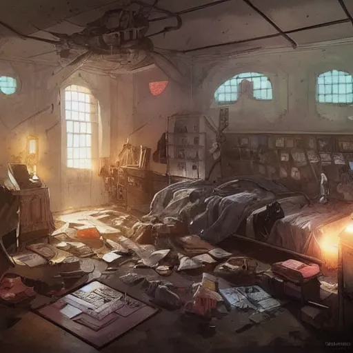 Prompt: detailed room in the sewer lair The room is a clean and delicate room ,over the bed there is a sword rack ,everything is neat ,stack of comics on the floor,soft,light,bright,epic,awesome,digital art, by Greg rutkowski and rossdraws