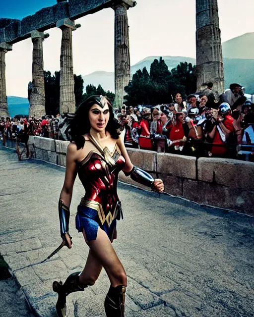 Image similar to gal gadot as wonder woman, at the 2 0 0 - meter starting line, ancient greek olympic trials, mount olympus can be seen off in the distance, sports photography in the style of neil leifer