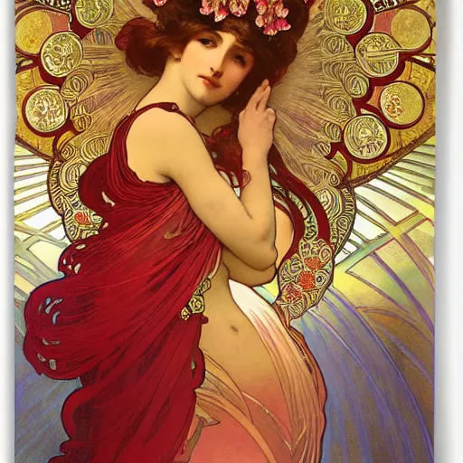 Image similar to a beautiful orchid phoenix angel woman, in an ornamented dress with large, volumetric light, god rays, 8 k high resolution, rubies, by alphonse mucha