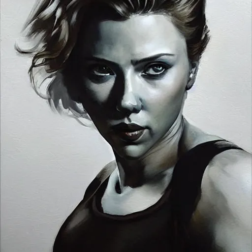 Prompt: greg manchess portrait painting of scarlett johansson as adult beautiful thick muscular female bodybuilder toph beifong from avatar, medium shot, asymmetrical, profile picture, organic painting, sunny day, matte painting, bold shapes, hard edges, street art, trending on artstation, by huang guangjian and gil elvgren and sachin teng