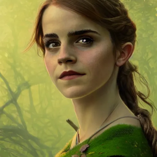 Prompt: Emma Watson as the green swamp ogre Fiona in Shrek, intricate, highly detailed, digital painting, artstation, concept art, sharp focus, illustration, art by greg rutkowski and alphonse mucha