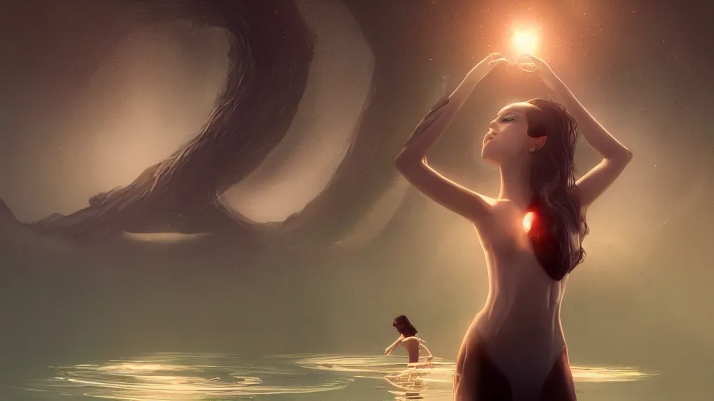 Prompt: whimsical, a beautiful whimsical woman, wearing professional makeup, standing in a lake, raising an arm, under a binary black hole with a ring, by Greg Rutkowski, by Ross Tran, by artgerm, by Studio Ghibli, face enhance, volumetric lighting, 4k resolution, octane render, trending on artstation