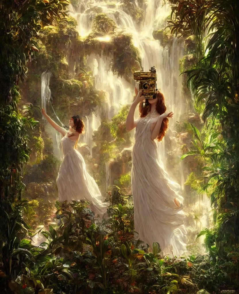 Image similar to hyper realistic photographer looking through a vintage medium format camera, magic pouring from lens, fantasy castle, full body waterfall dress, design on white background, beautiful details, lush foliage cyberpunk, gold, drawn by john singer sargent, tom bagshaw, norman rockwell, alphonso mucha, lolish, trending on artstation