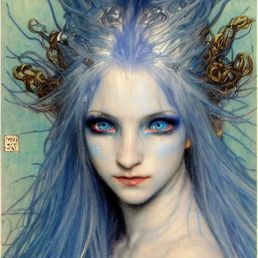 Image similar to head and shoulders portrait of a female lightning genasi with blue skin and white hair made of sirrus clouds, full white robes, medieval, fantasy, d & d, luis royo, klimt, alphonse mucha