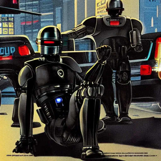 Image similar to robocop arresting all humans, detailed