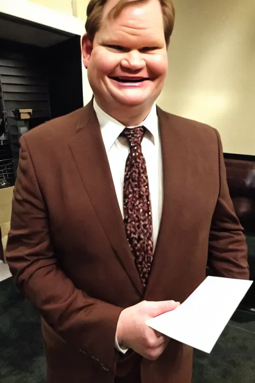 Prompt: full length body shot, andy richter wearing a brown suit and necktie and black boots, ultra hd photo, 3 5 mm close up, fish eye, realistic, smiling, holding a postcard from chicago,