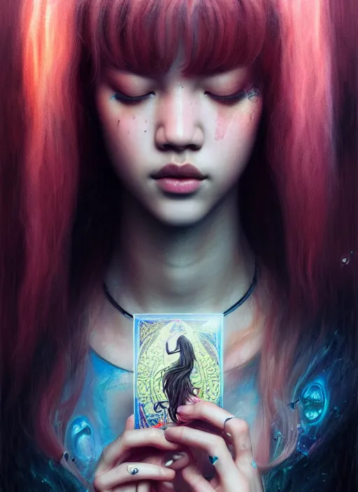 Prompt: jossi of blackpink, king, tarot card, highly detailed, digital painting, smooth, sharp focus, illustration, ultra realistic, octane, render, unreal engine 8 k, art by karol bak and agnes cecile