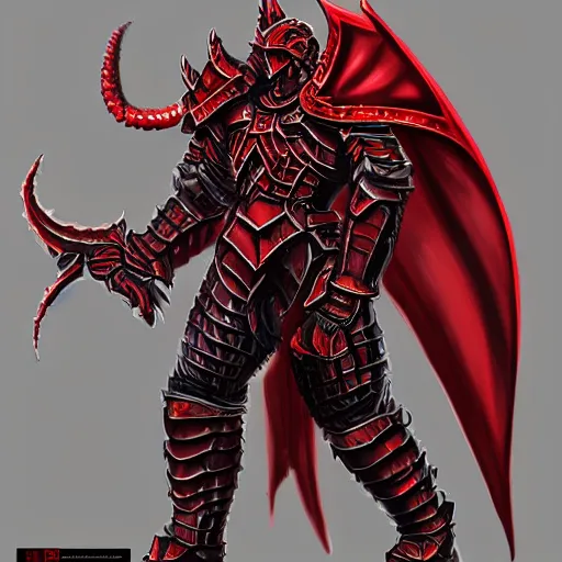 Image similar to concept art of heavy red dragon armor warrior, perfect symmetry, front side, left, side, dungeons and dragons, full view, full size, armor, rpg, d&d, hyper detailed, digital art, artstation, high definition cgsociety, sk, render, cinematic, symmetry, hyper realistic