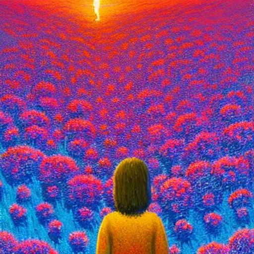 Image similar to large flower face, girl standing in a flower field, surreal photography, sunrise dramatic light, impressionist painting, colorful clouds, digital painting, pointillism, artstation, simon stalenhag