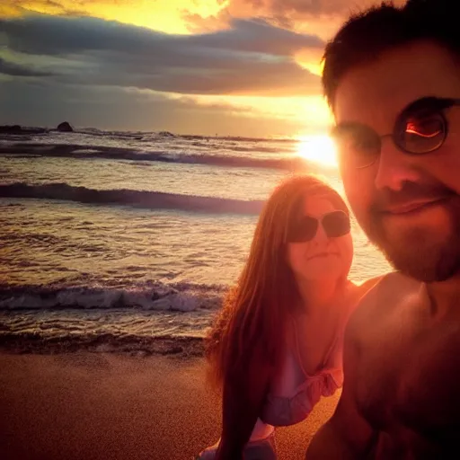 Prompt: cthulu photobombing a romantic selfie on a beach at sunset