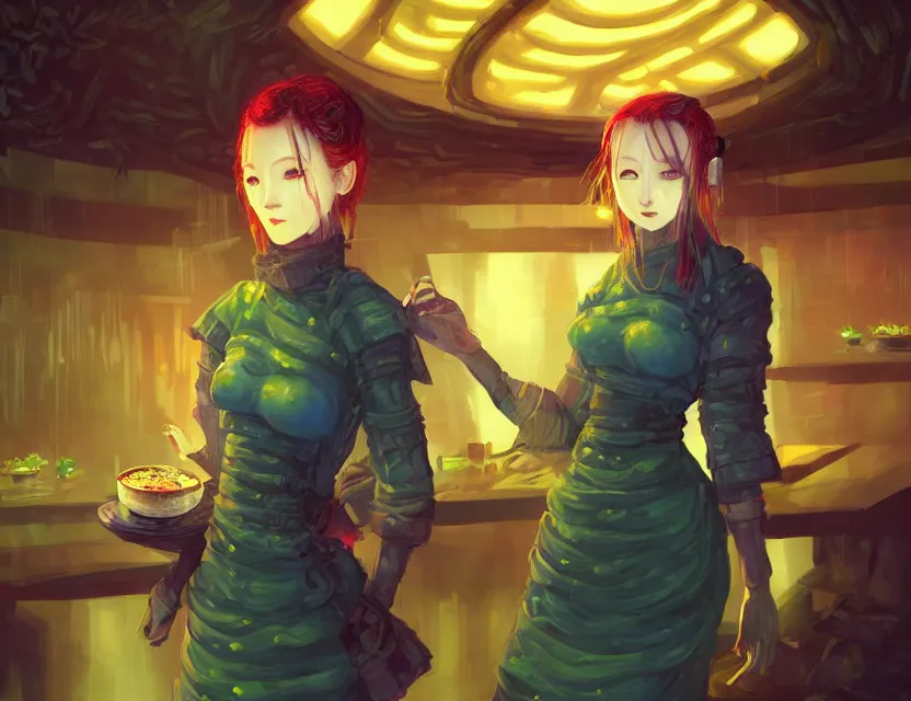 Prompt: viking scifi pastry chef in a cloud forest cafe, wearing a lovely dress with cyberpunk elements. this oil painting by the award - winning mangaka has an interesting color scheme and impeccable lighting.