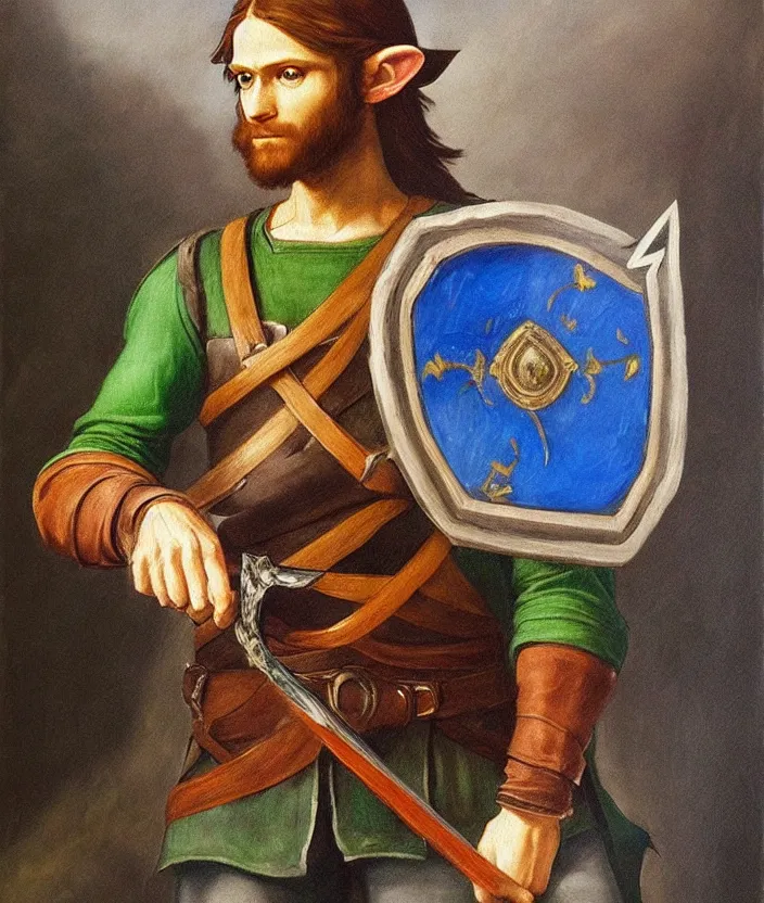 Image similar to oil painting portrait of Link holding the mastersword and the Hyrule shield by Leonardo da Vinci