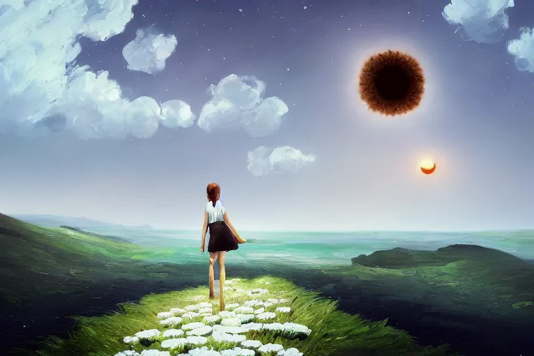 Prompt: giant white daisy flower head, girl walking on cliff, surreal photography, solar eclipse, milky way, dramatic light, impressionist painting, clouds, digital painting, artstation, simon stalenhag