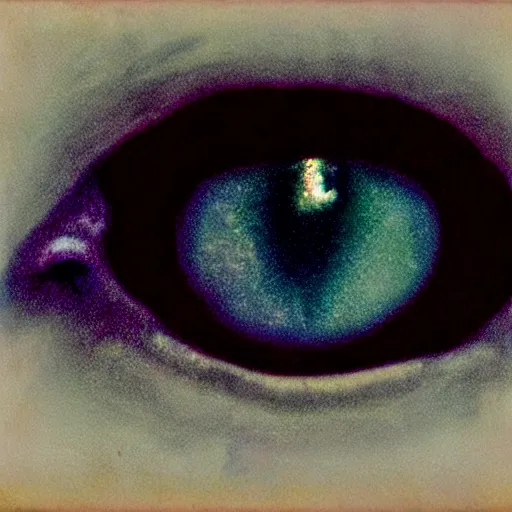 Image similar to grainy color polaroid of a beautiful feminine alien with thick black sludge seeping from her eyes screaming while being consumed by darkness, iridescent eyes, dreamlike, ultra realistic, photorealism, intricate detail, sigma 85mm f/1.4, 4k, hd