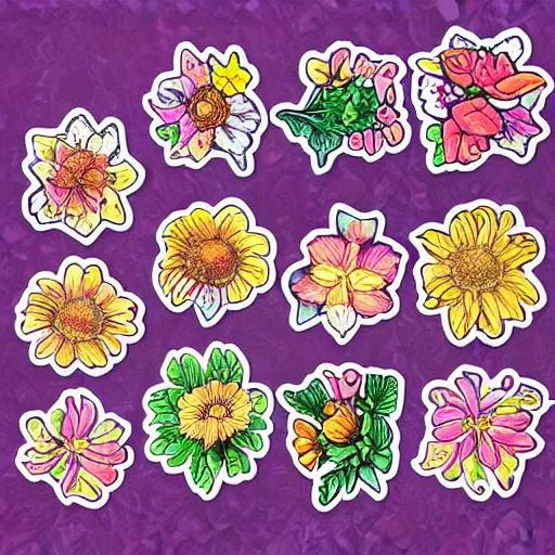 Prompt: “sticker sheet of various shaped flowers, fanciful, highly detailed, artistic, award winning”