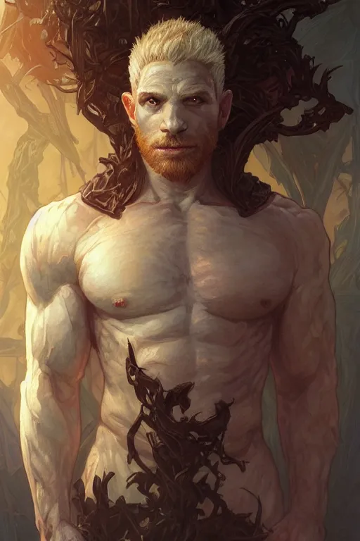 Image similar to portrait of seth green as a very pale hulking herculean demon, forest, godlike, full body, fantasy, intricate, elegant, highly detailed, digital painting, artstation, concept art, sharp focus, illustration, art by artgerm and greg rutkowski and alphonse mucha