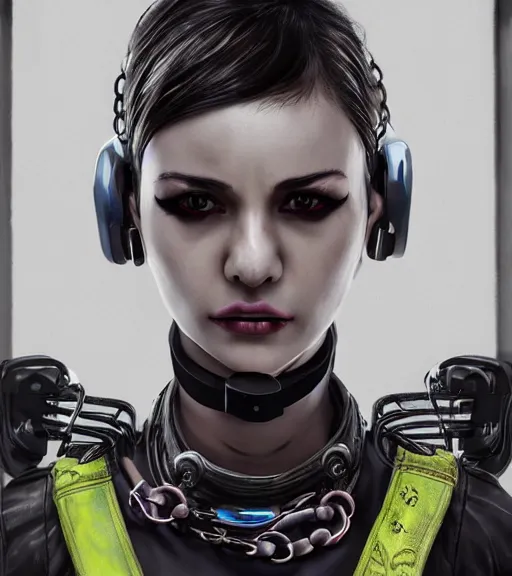 Image similar to detailed realistic female character cyberpunk wearing thick steel collar around neck, realistic, art, beautiful, 4K, collar, choker, collar around neck, punk, artstation, detailed, female, woman, choker, cyberpunk, neon, punk, collar, choker, collar around neck, thick collar, tight around neck, punk, choker