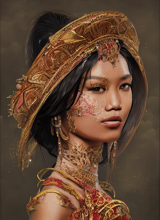 Prompt: portrait of an indonesian supermodels wearing traditional costume, highly detailed, digital painting, artstation, concept art, sharp focus, illustration