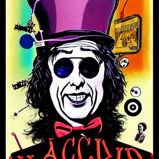 Image similar to graphic illustration, creative design, willy wonka as alice cooper, biopunk, francis bacon, highly detailed, hunter s thompson, concept art