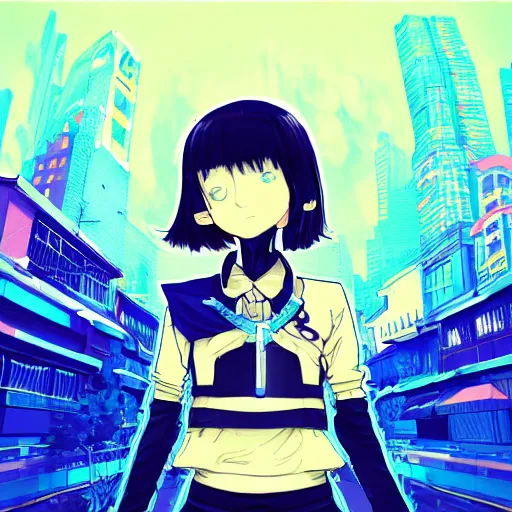 Image similar to Frequency indie album cover, luxury advertisement, blue filter, blue and black colors. Clean and detailed post-cyberpunk sci-fi close-up schoolgirl in asian city in style of cytus and deemo, blue flame, relaxing, calm and mysterious vibes, by Tsutomu Nihei, by Yoshitoshi ABe, by Ilya Kuvshinov, by Greg Tocchini, nier:automata, set in half-life 2, GITS, Blade Runner, Neotokyo Source, Syndicate(2012), dynamic composition, beautiful with eerie vibes, very inspirational, very stylish, with gradients, surrealistic, dystopia, postapocalyptic vibes, depth of field, mist, rich cinematic atmosphere, perfect digital art, mystical journey in strange world, beautiful dramatic dark moody tones and studio lighting, shadows, bastion game, arthouse