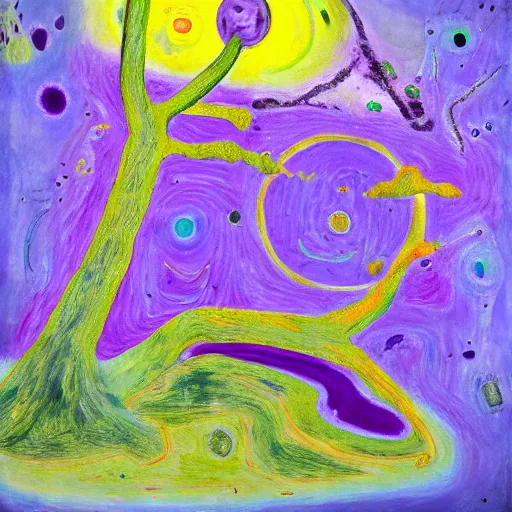 Prompt: a painting of a tree with a purple circle in the center, an ultrafine detailed painting by Asger Jorn, pixiv contest winner, gutai group, oil on canvas, cosmic horror, artwork, 8K