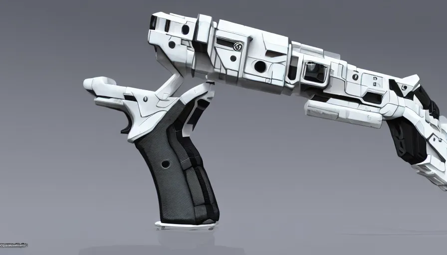 Image similar to extremely detailed ultra realistic side view photo sci fi hyper minimalist magnum pistol coilgun, detailed trigger, chemically propelled, battery, smooth streamline, battery and wires, railgun, chemrail, gauss, elegant sleek smooth body, white paint, smooth utopian design, ultra high quality, octane, cod, destiny, warframe, terminator