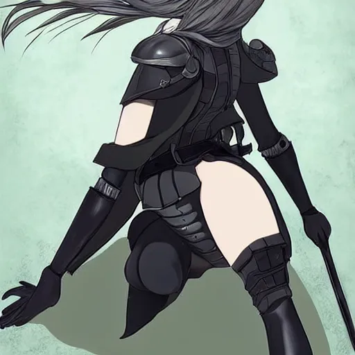 Prompt: yorha no. 2 type b reclining in heavy armor b with a ghibli artstyle