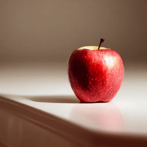 Image similar to photo a red apple on a white table, cinematic lighting, moody, bright tones, highly detailed