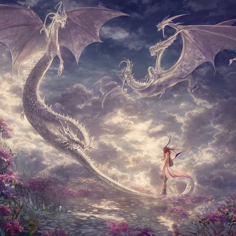 Image similar to the beautiful hyper detailed scene render that a lonely beautiful girl lies in the arms of a huge silver white dragon alone in fairyland surrounded by white clouds, finely detailed angelic face delicate features, style of studio ghibli, makoto shinkai, raphael lacoste, louis comfort tiffany, artgerm, james jean, ross tran, animation style, hd, ultra wide angle