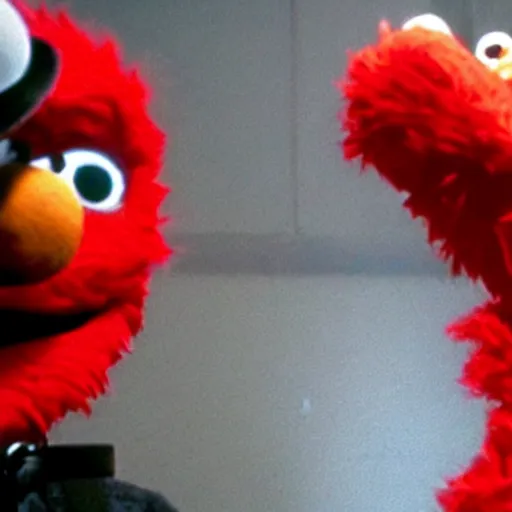 Image similar to elmo finds out he has feelings for freddy krueger, ultra realistic cinematic quality, 8 k, hdr, super detailed, moody atmosphere, film noir but in full colour