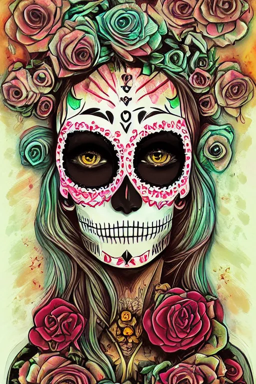 Prompt: Illustration of a sugar skull day of the dead girl, art by Anato Finnstark