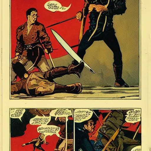 Image similar to vintage comic, greg rutkowski man with long sword fighting several martial artists at once