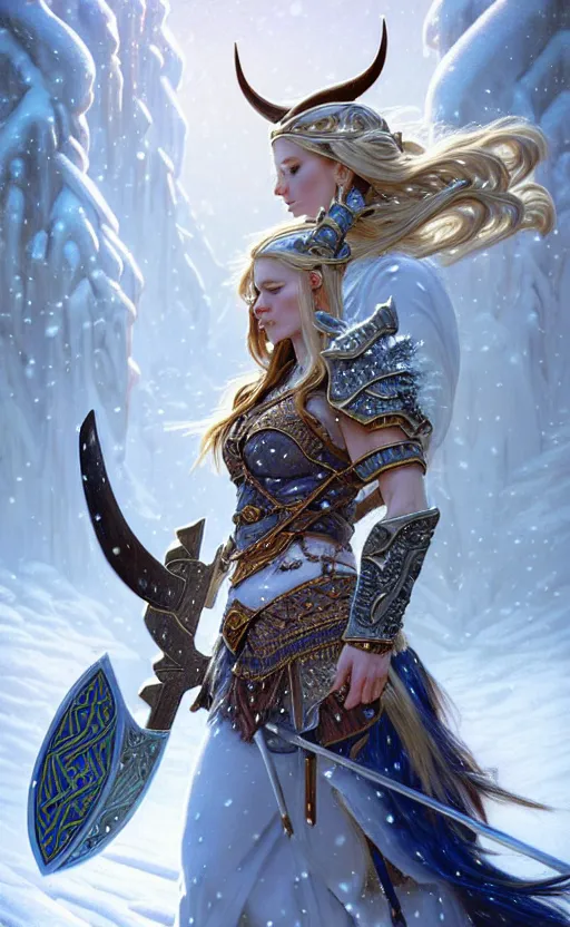 Image similar to opal viking warrior, regal, elegant, winter, snow, beautiful, stunning, hd, illustration, epic, d & d, fantasy, intricate, elegant, highly detailed, wide angle, digital painting, artstation, concept art, smooth, sharp focus, illustration, wallpaper, art by artgerm and greg rutkowski and alphonse mucha and jin xiaodi