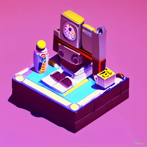 Image similar to isometric robot cafe, cat robot, cyber city, floating in space, 3d model, hard light, blender, trending on Artstation