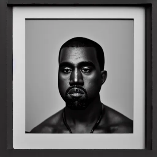 Image similar to a chiaroscuro lighting portrait of kanye west dressed as rick owens, black background, portrait by julia margaret cameron, shallow depth of field, 8 0 mm, f 1. 8