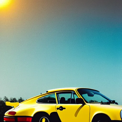 Image similar to a yellow 1 9 8 5 porsche 9 1 1 turbo, palm beach swimming pool, sunset, hyperreal, 4 k