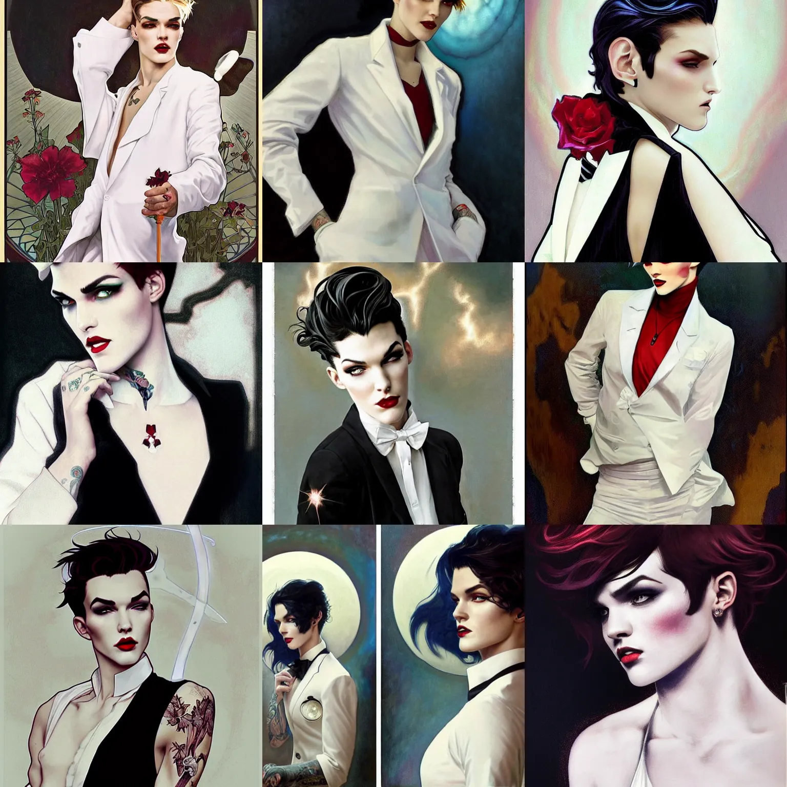 Image similar to beautiful portrait of androgynous ruby rose as desire from sandman in a white tuxedo!!!, rockabilly style, by frank moth, by alphonse mucha, cedric peyravernay, by jeremy mann, white suit and black tie, soft lightning, high detailed, 8 k