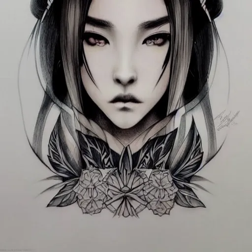 Image similar to tattoo design, stencil, beautiful young female, long dark hair, symmetrical facial features, Japanese, partially clothed in robe, by William-Adolphe Bouguerea and artgerm