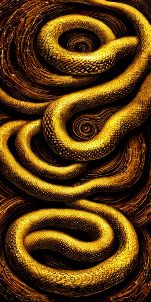 Image similar to concept art of an ouroboro, endless snake, made of gold, on a dark wood background, surrounded by spirals of fog, grimy, gritty, trending on artstation, award winning painting, close portrait, cgi, art by david cronenberg and chris cunningham