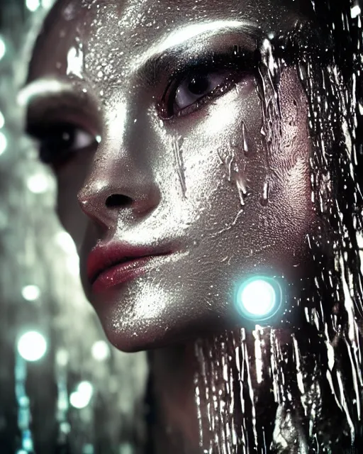 Image similar to portrait photo of female dancer as a cyberpunk mecha humanoid robotic head shoulder parts with straight bright led lights, under a waterfall, wet skin with water dripping down face, ultra - realistic and detailed, 8 k