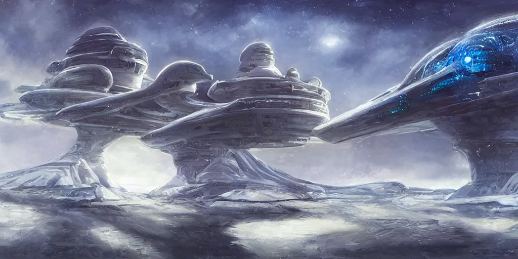 Prompt: personal transport on ice alien planet by doug chiang