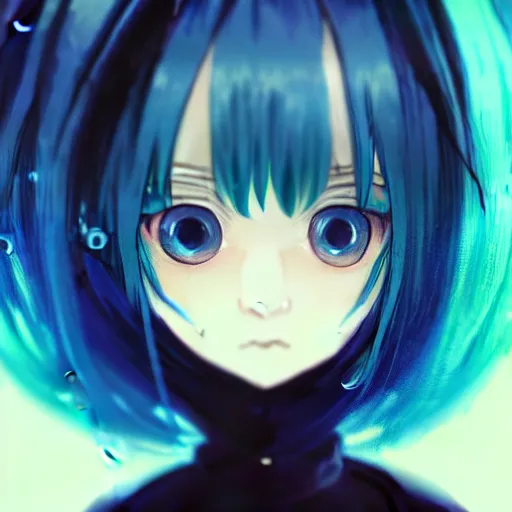 Image similar to rimuru, gold eyes, long blue hair, anime girl, bangs, gothic, anime character, noir, screenshot, sharp focus, intricate, illustration, cell shaded, digital painting, highly detailed, matte, art by ilya kuvshinov, wlop, greg rutkowski, reflections, studio quality, james jean, artem demura