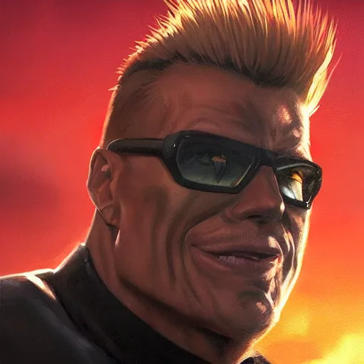 Image similar to a closeup portrait of duke nukem, dramatic light, city background, sunset, high contrast, sharp, painted by stanley lau, painted by greg rutkowski, painted by stanley artgerm, masterpiece, digital art, trending on artstation