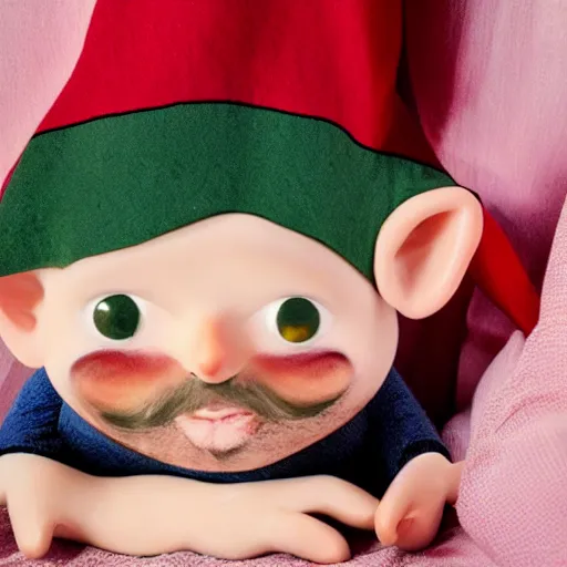 Image similar to pov of person lying in bed, creepy gnome standing beside the bed, staring at the camera