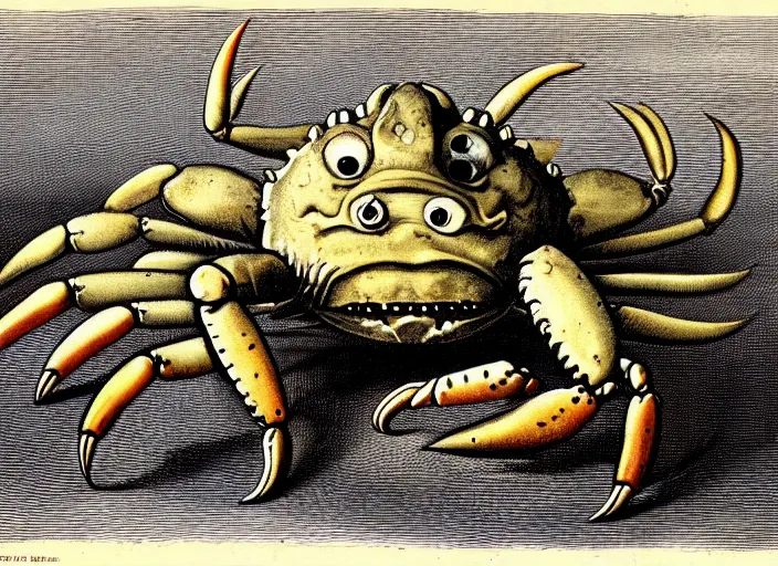 Prompt: crab monster character design. by rembrant 1 6 6 7, illustration