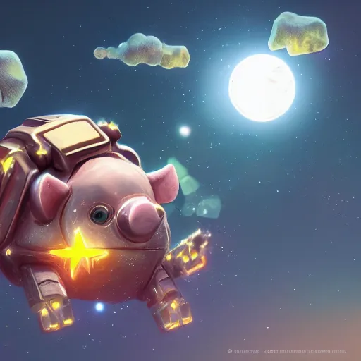 Image similar to 3D Fantasy Cute and adorable mecha piggy floating in space, bright stars, Smooth 3D Illustration, soft render, Servando Lupini, Daniil Kudriavtsev, handpaint texture, Blender, 3DCoat