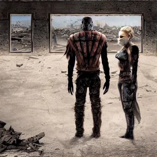 Prompt: a very huge, very big masked mutant man standing next to a very small blonde woman, they are staring at the horizon where there are the ruins of a city, postapocalyptic, mad max style, award winning photograph, over the shoulder, back, behind