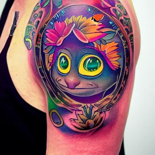 Prompt: shoulder tattoo of a multicolored meditating cute bush baby, eyes are sparkeling rainbow spirals, glowing chakra symbols, surrounded with colorful lotus leaves, insanely integrate